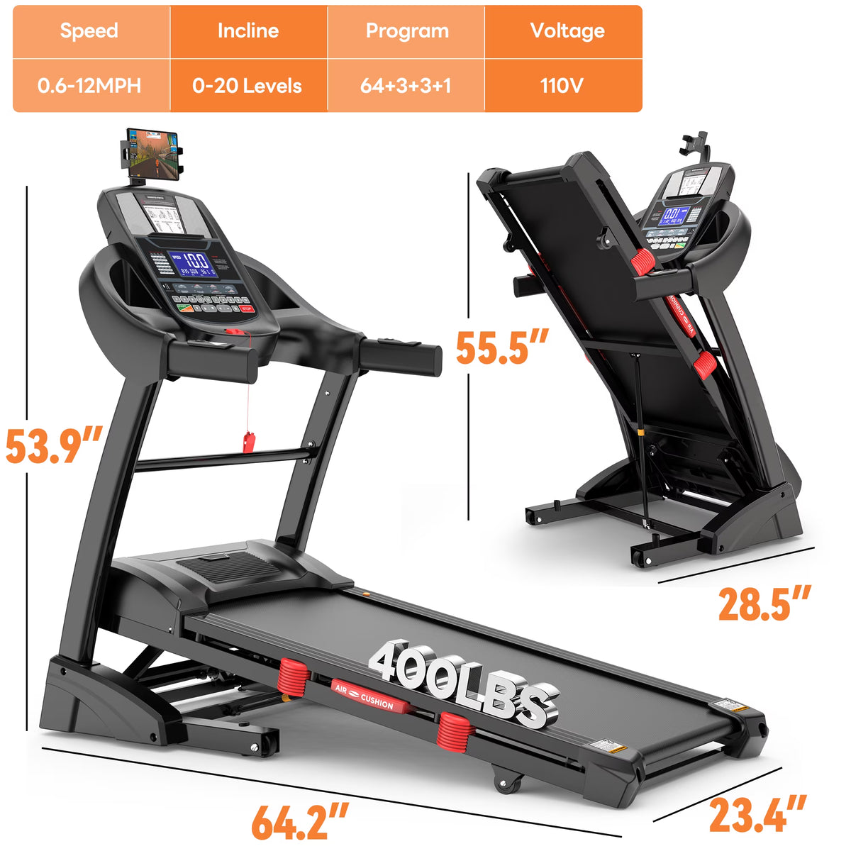 12MPH Folding Treadmill with 20% Auto Incline, 300-400 LB Capacity, Treadmills for Home Running Walking, 5.1HP Brushless Motor, Foldable Electric Treadmill Running Machine with APP & Bluetooth — product view 13