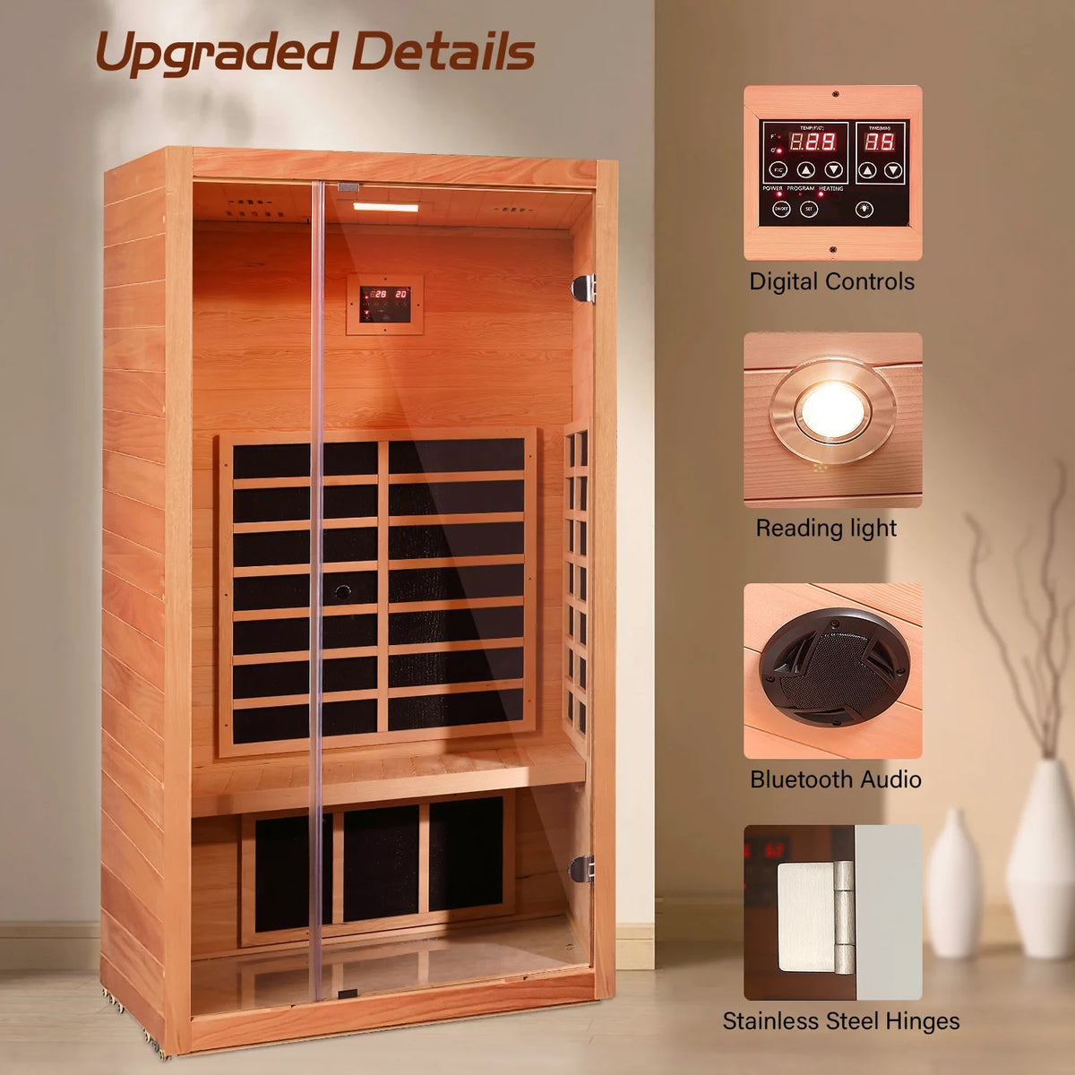 1 Person Extendable FAR Infrared Sauna for Home, Hemlock Wood Low EMF 6 Carbon Heaters Indoor Saunas with LED Lights, Bluetooth Speaker, Digital Control Panel, and Seating Bench — product view 4