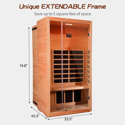 1 Person Extendable FAR Infrared Sauna for Home, Hemlock Wood Low EMF 6 Carbon Heaters Indoor Saunas with LED Lights, Bluetooth Speaker, Digital Control Panel, and Seating Bench — product view 5