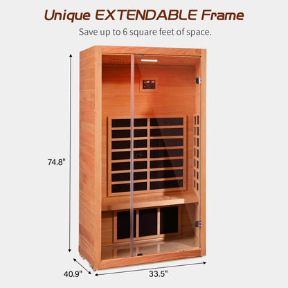 1 Person Extendable FAR Infrared Sauna for Home, Hemlock Wood Low EMF 6 Carbon Heaters Indoor Saunas with LED Lights, Bluetooth Speaker, Digital Control Panel, and Seating Bench — product view 6