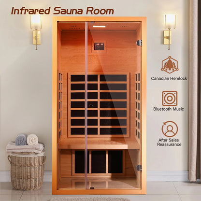 1 Person Extendable FAR Infrared Sauna for Home, Hemlock Wood Low EMF 6 Carbon Heaters Indoor Saunas with LED Lights, Bluetooth Speaker, Digital Control Panel, and Seating Bench — product view 7