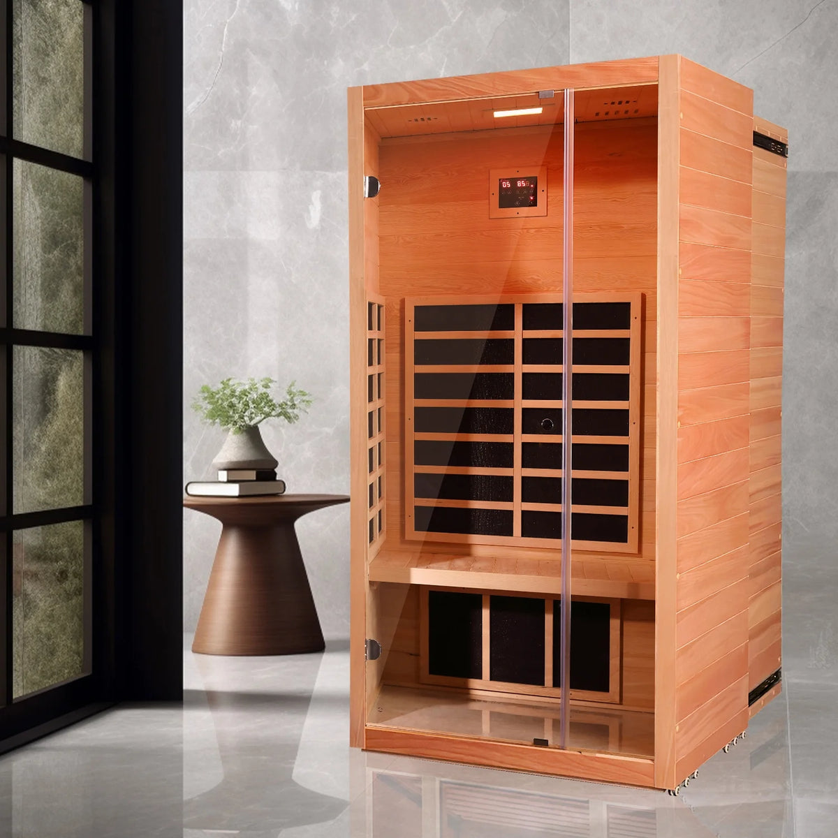 1 Person Extendable FAR Infrared Sauna for Home, Hemlock Wood Low EMF 6 Carbon Heaters Indoor Saunas with LED Lights, Bluetooth Speaker, Digital Control Panel, and Seating Bench — product view 8