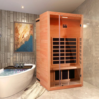 1 Person Extendable FAR Infrared Sauna for Home, Hemlock Wood Low EMF 6 Carbon Heaters Indoor Saunas with LED Lights, Bluetooth Speaker, Digital Control Panel, and Seating Bench — product view 9