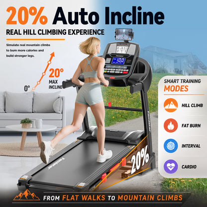 12MPH Folding Treadmill with 20% Auto Incline, 300-400 LB Capacity, Treadmills for Home Running Walking, 5.1HP Brushless Motor, Foldable Electric Treadmill Running Machine with APP & Bluetooth — product view 6
