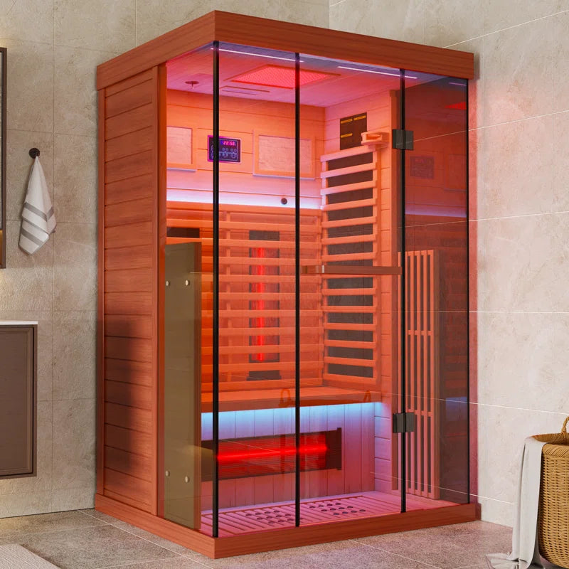 Full Spectrum Infrared Sauna，1-2 Person Home Sauna，Wooden Canadian Hemlock Indoor Spa Sauna with Resonance Speaker, Panoramic Tempered Glass Door — product view 2