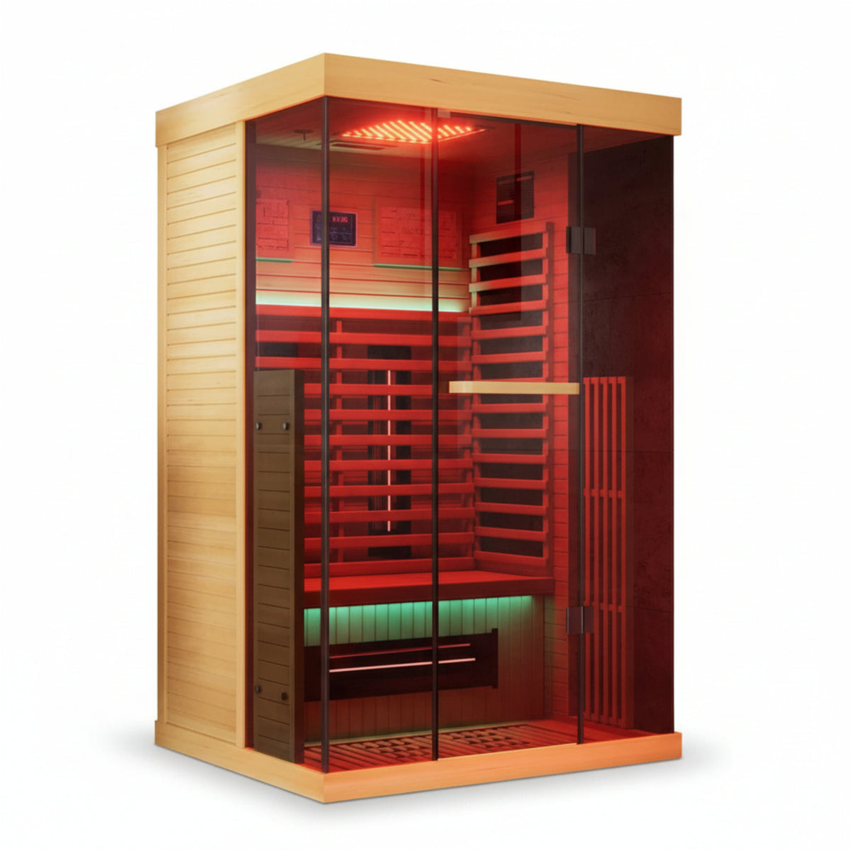 Full Spectrum Infrared Sauna，1-2 Person Home Sauna，Wooden Canadian Hemlock Indoor Spa Sauna with Resonance Speaker, Panoramic Tempered Glass Door — product view 3