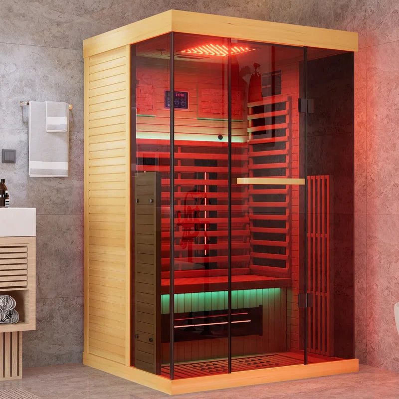 Full Spectrum Infrared Sauna，1-2 Person Home Sauna，Wooden Canadian Hemlock Indoor Spa Sauna with Resonance Speaker, Panoramic Tempered Glass Door — product view 4