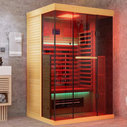 Full Spectrum Infrared Sauna，1-2 Person Home Sauna，Wooden Canadian Hemlock Indoor Spa Sauna with Resonance Speaker, Panoramic Tempered Glass Door — product view 4