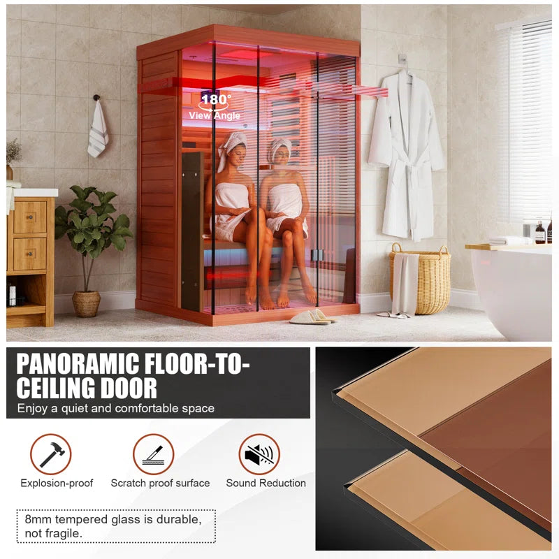 Full Spectrum Infrared Sauna，1-2 Person Home Sauna，Wooden Canadian Hemlock Indoor Spa Sauna with Resonance Speaker, Panoramic Tempered Glass Door — product view 6