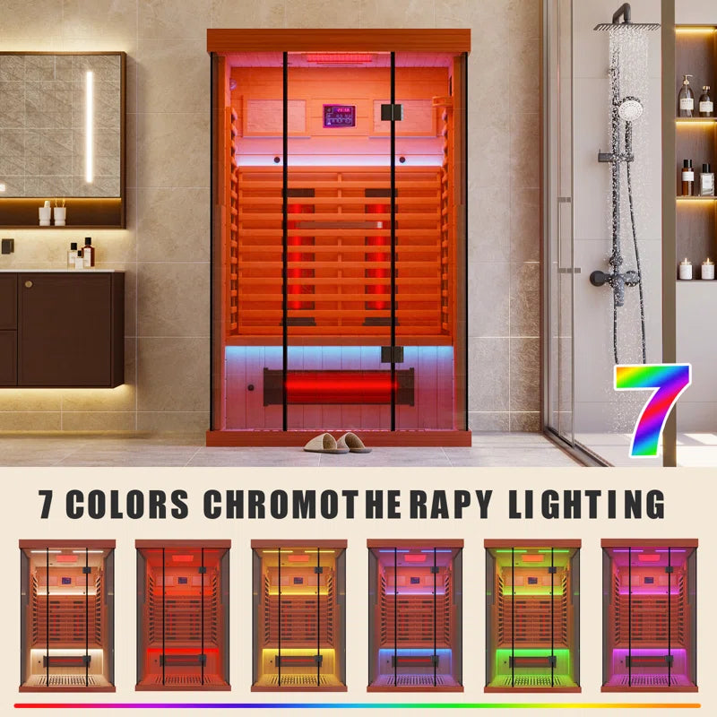 Full Spectrum Infrared Sauna，1-2 Person Home Sauna，Wooden Canadian Hemlock Indoor Spa Sauna with Resonance Speaker, Panoramic Tempered Glass Door — product view 7