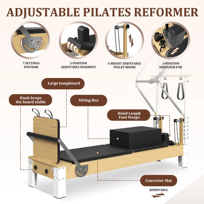 Pilates Reformer, Wooden Pilates Reformer Machine with Tower & Mat, Pilates Equipment for Home Workout and Studio, with Reformer Accessories, Sitting Box, Jump Board — product view 3
