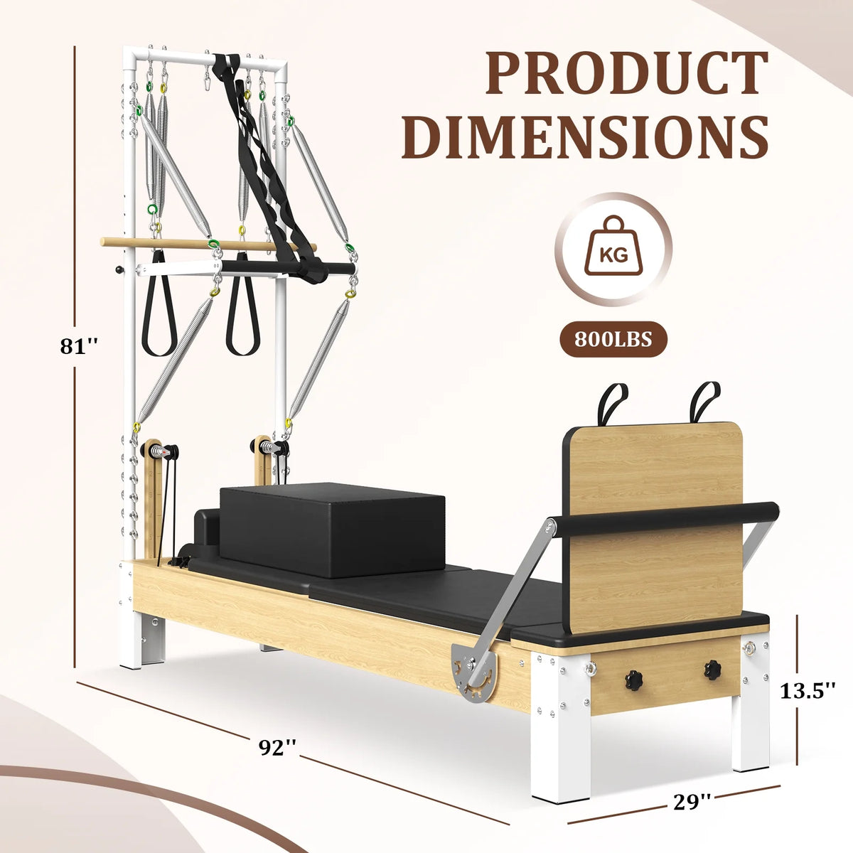 Pilates Reformer, Wooden Pilates Reformer Machine with Tower & Mat, Pilates Equipment for Home Workout and Studio, with Reformer Accessories, Sitting Box, Jump Board — product view 5