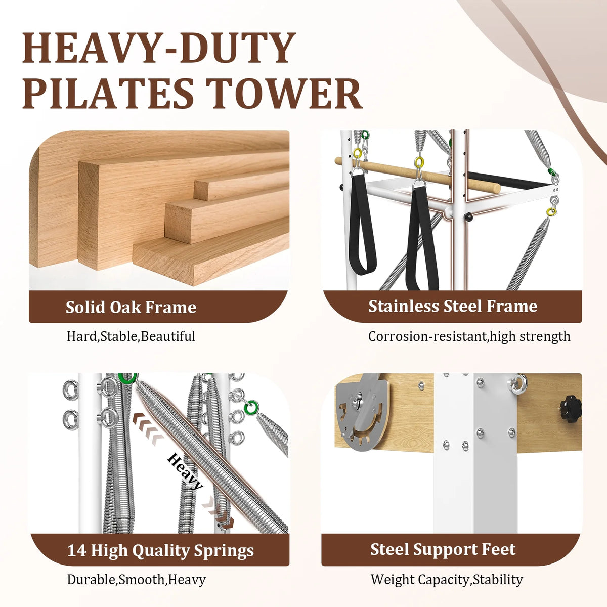 Pilates Reformer, Wooden Pilates Reformer Machine with Tower & Mat, Pilates Equipment for Home Workout and Studio, with Reformer Accessories, Sitting Box, Jump Board — product view 9