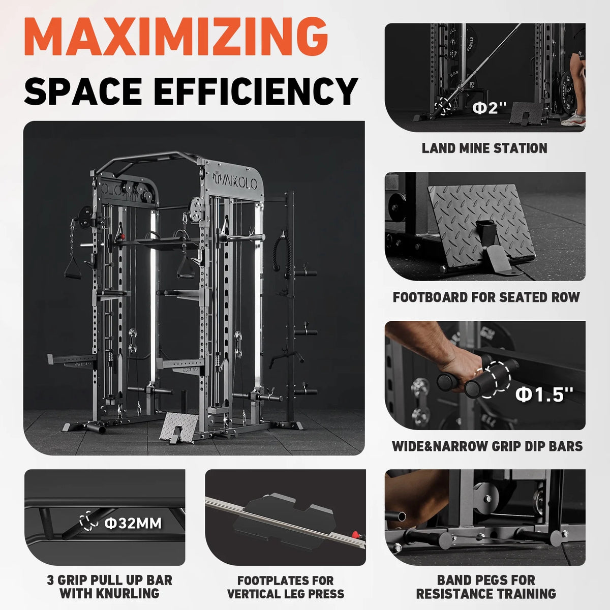 Smith Machine, All-In-One Power Rack Cage with Vertical Leg Press, 2000LBS Power Cage Squat Rack with Smith Bar, Dual Pulley Cable Crossover System for Home Gym — product view 14