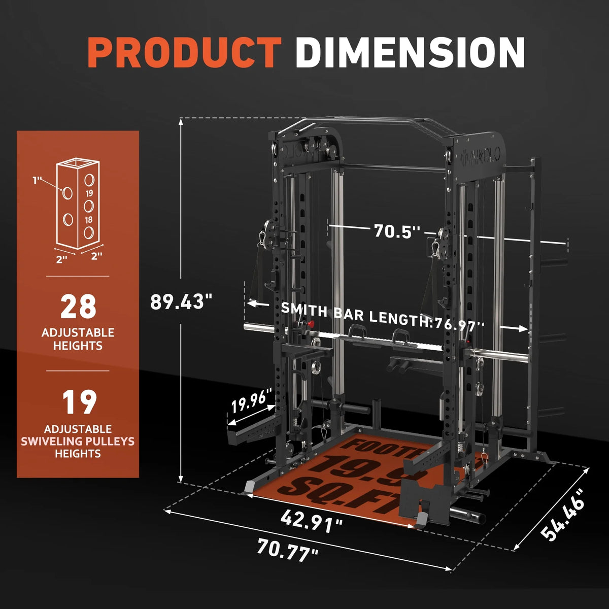 Smith Machine, All-In-One Power Rack Cage with Vertical Leg Press, 2000LBS Power Cage Squat Rack with Smith Bar, Dual Pulley Cable Crossover System for Home Gym — product view 9