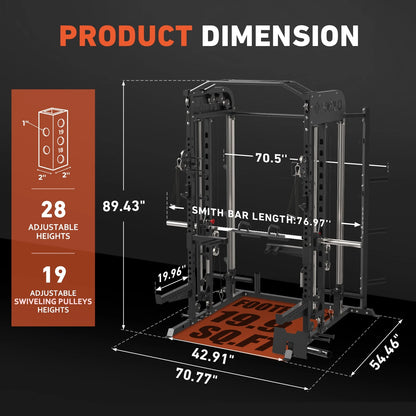 Smith Machine, All-In-One Power Rack Cage with Vertical Leg Press, 2000LBS Power Cage Squat Rack with Smith Bar, Dual Pulley Cable Crossover System for Home Gym — product view 9